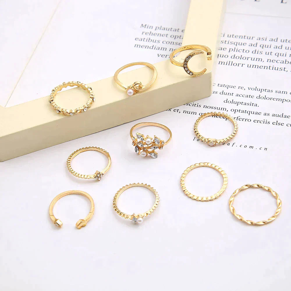 Set of 10 bohemian-style rings, silver and gold plated