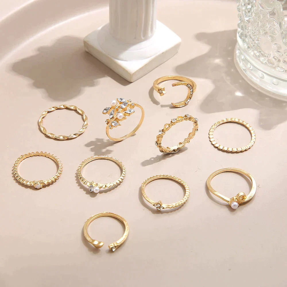 Set of 10 bohemian-style rings, silver and gold plated