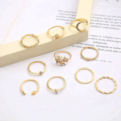 Set of 10 bohemian-style rings, silver and gold plated