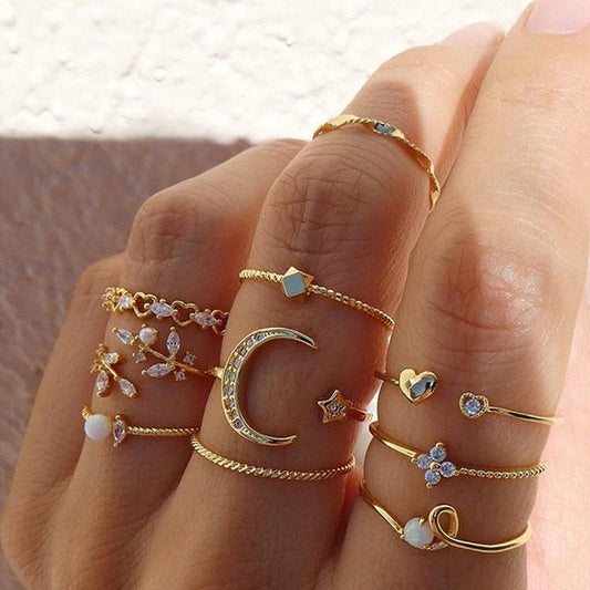 Set of 10 bohemian-style rings, silver and gold plated